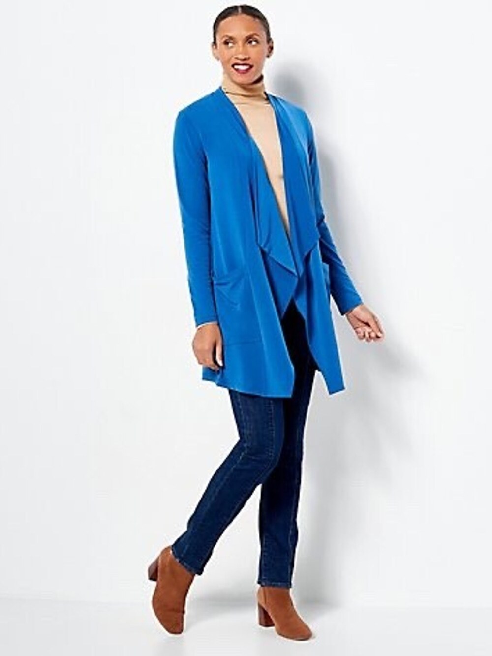 Susan Graver Every Day Petite Liquid Knit Cardigan Rich Indigo Women's Petite XS